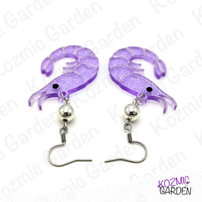 Purple Glitter Shrimp Earrings - Tiny shrimp, big sparkle – fun earrings for quirky style lovers!