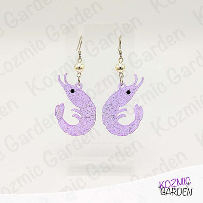 Purple Glitter Shrimp Earrings - Tiny shrimp, big sparkle – fun earrings for quirky style lovers!