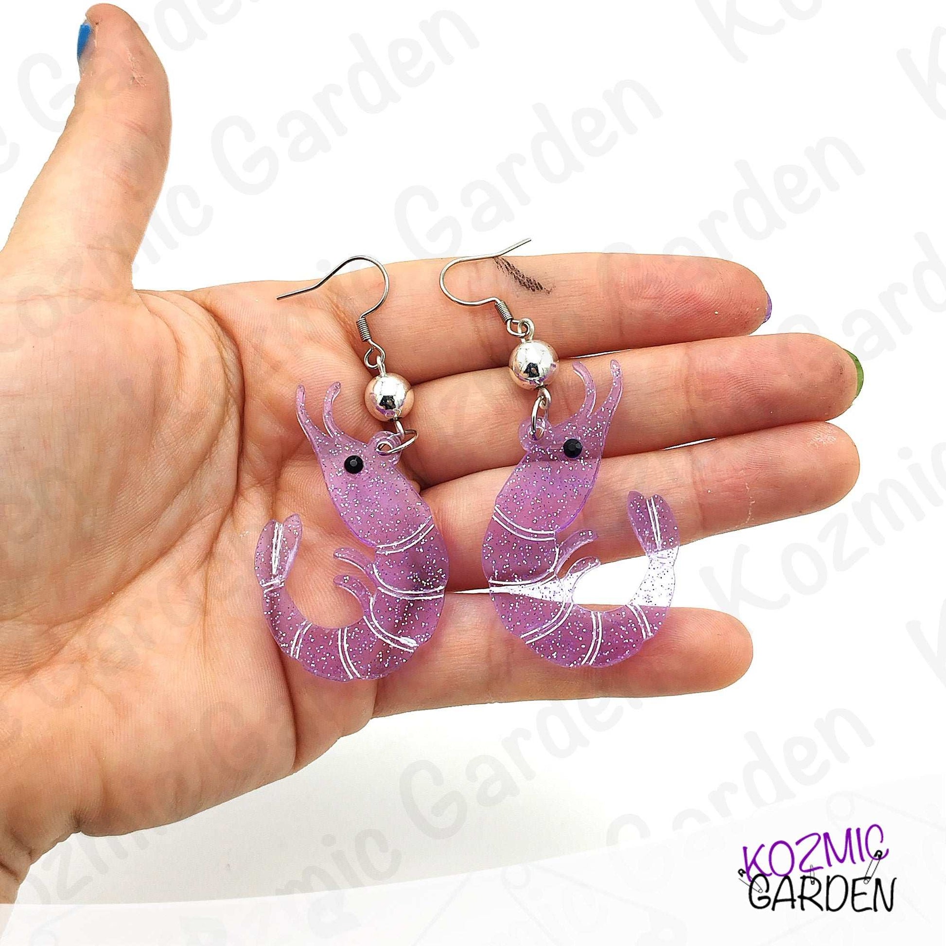Purple Glitter Shrimp Earrings - Tiny shrimp, big sparkle – fun earrings for quirky style lovers!