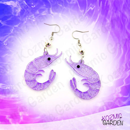 Purple Glitter Shrimp Earrings - Tiny shrimp, big sparkle – fun earrings for quirky style lovers!