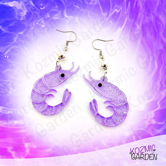 Purple Glitter Shrimp Earrings - Tiny shrimp, big sparkle – fun earrings for quirky style lovers!