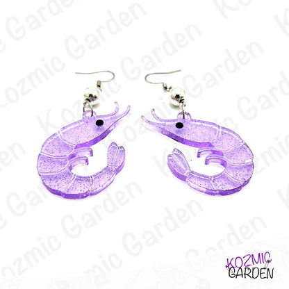 Purple Glitter Shrimp Earrings - Tiny shrimp, big sparkle – fun earrings for quirky style lovers!