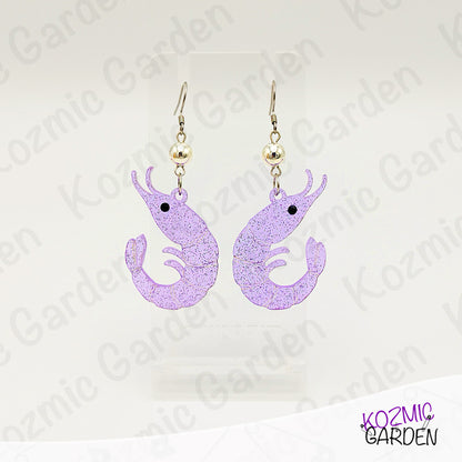 Purple Glitter Shrimp Earrings - Tiny shrimp, big sparkle – fun earrings for quirky style lovers!
