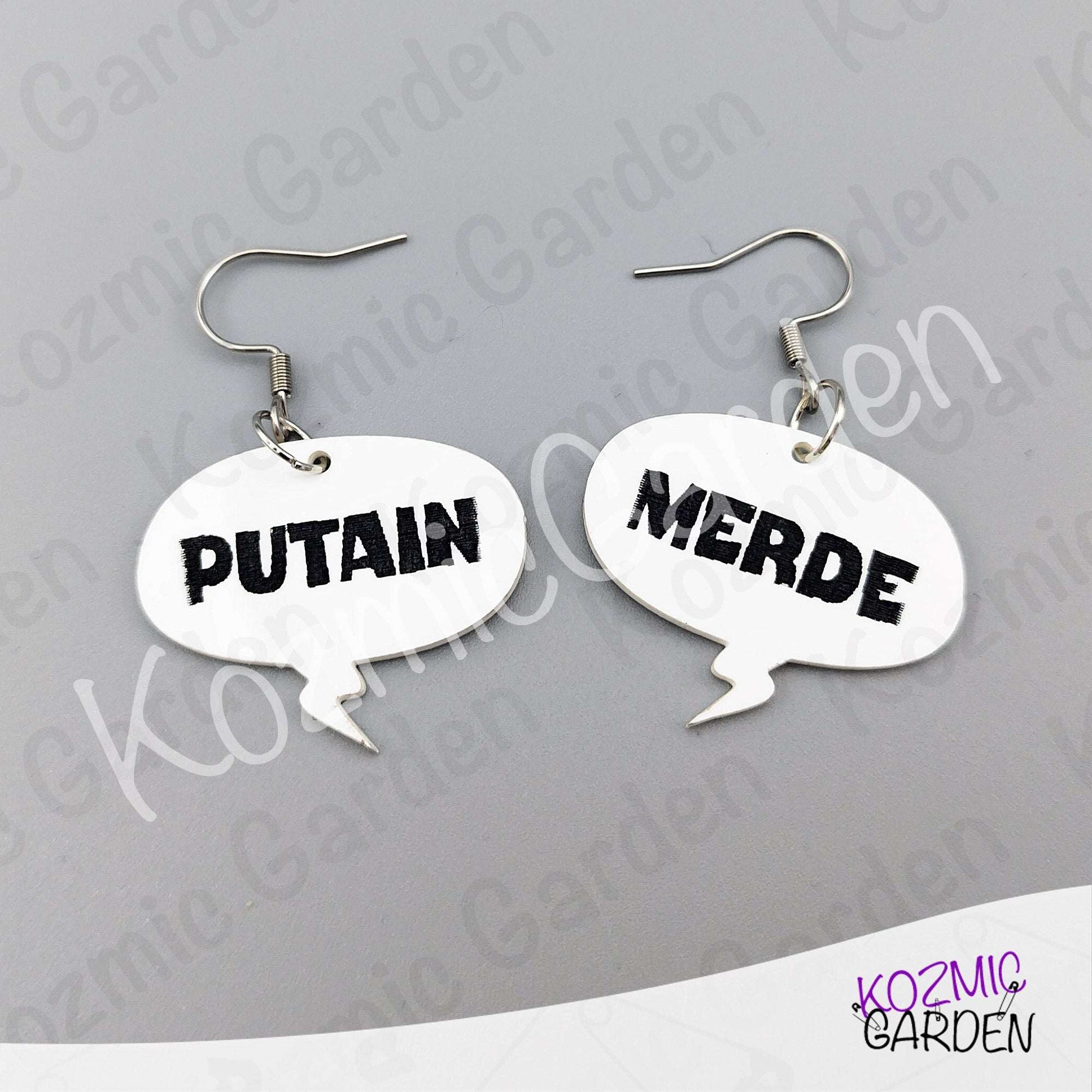 Funny French Swear Words Comic Earrings | Putain | Bordel | Merde  | Humorous Statement Jewelry