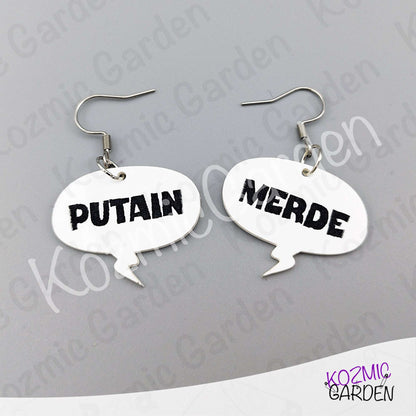 Funny French Swear Words Comic Earrings | Putain | Bordel | Merde  | Humorous Statement Jewelry
