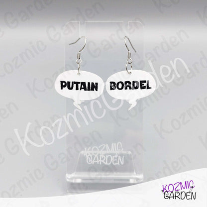 Funny French Swear Words Comic Earrings | Putain | Bordel | Merde  | Humorous Statement Jewelry