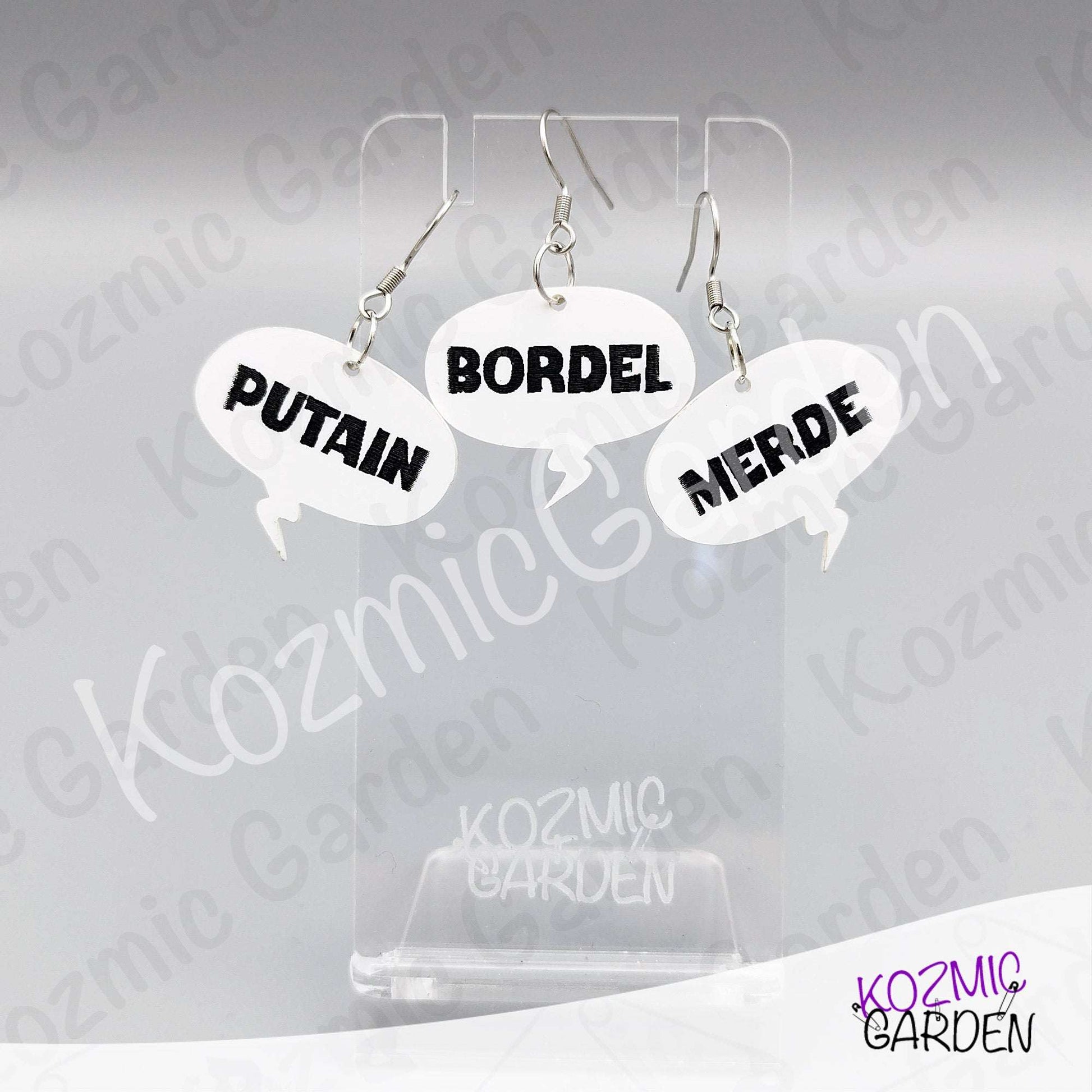 Funny French Swear Words Comic Earrings | Putain | Bordel | Merde  | Humorous Statement Jewelry