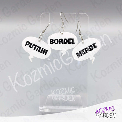 Funny French Swear Words Comic Earrings | Putain | Bordel | Merde  | Humorous Statement Jewelry