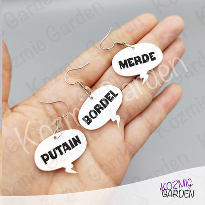 Funny French Swear Words Comic Earrings | Putain | Bordel | Merde  | Humorous Statement Jewelry