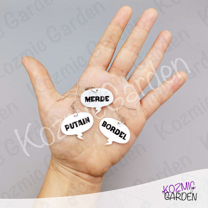 Funny French Swear Words Comic Earrings | Putain | Bordel | Merde  | Humorous Statement Jewelry
