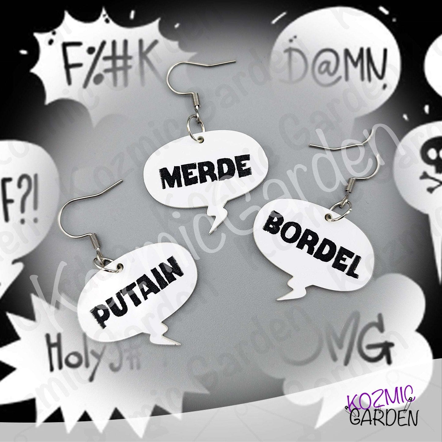 Funny French Swear Words Comic Earrings | Putain | Bordel | Merde  | Humorous Statement Jewelry