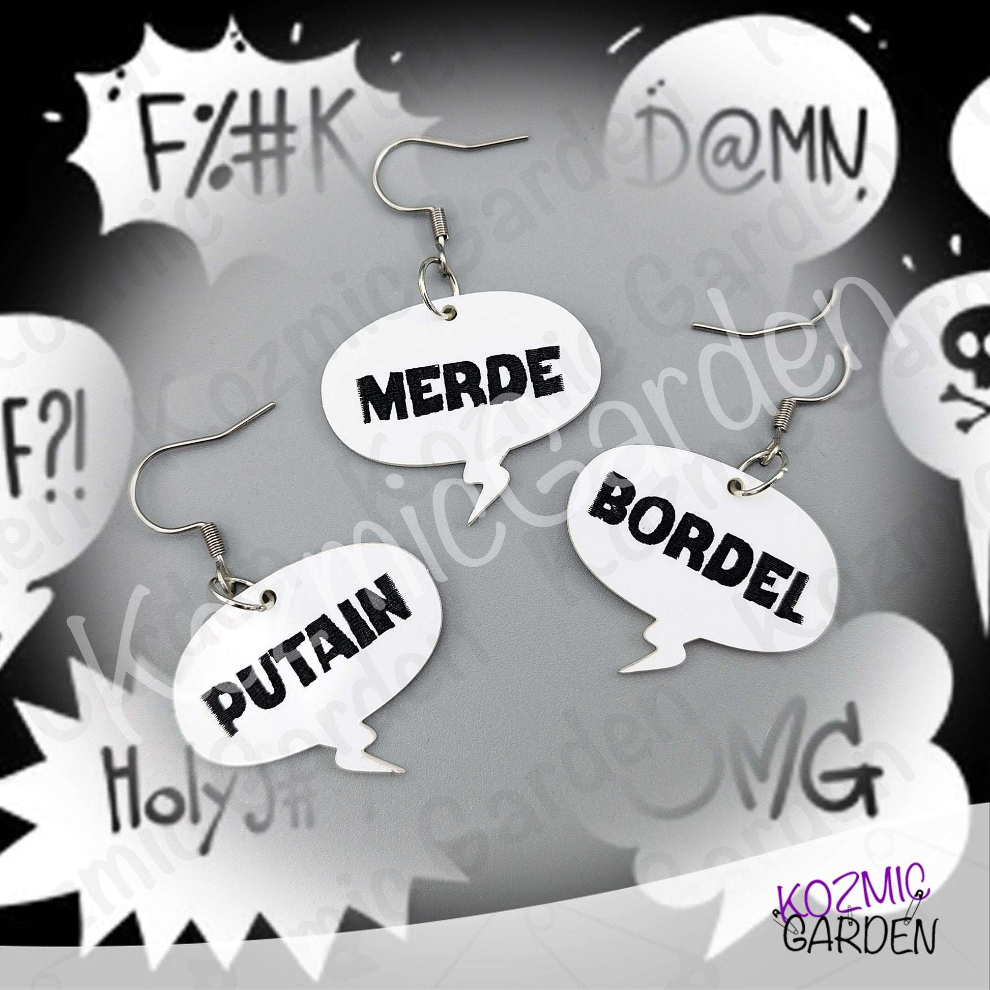 Funny French Swear Words Comic Earrings | Putain | Bordel | Merde  | Humorous Statement Jewelry