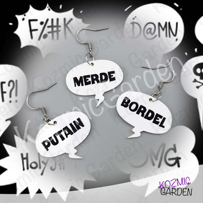 Funny French Swear Words Comic Earrings | Putain | Bordel | Merde  | Humorous Statement Jewelry