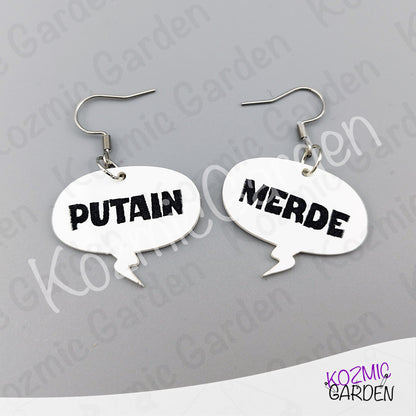 Funny French Swear Words Comic Earrings | Putain | Bordel | Merde  | Humorous Statement Jewelry