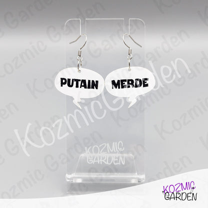 Funny French Swear Words Comic Earrings | Putain | Bordel | Merde  | Humorous Statement Jewelry