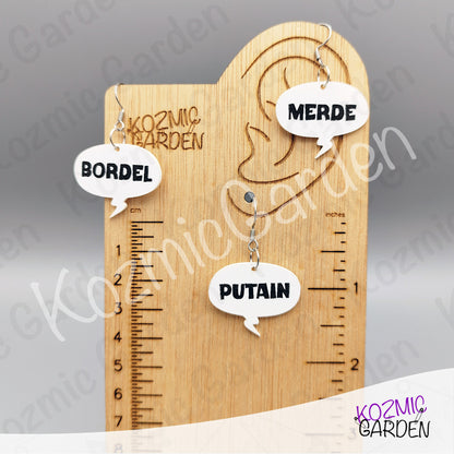 Funny French Swear Words Comic Earrings | Putain | Bordel | Merde  | Humorous Statement Jewelry