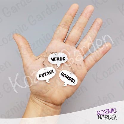 Funny French Swear Words Comic Earrings | Putain | Bordel | Merde  | Humorous Statement Jewelry