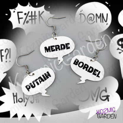 Funny French Swear Words Comic Earrings | Putain | Bordel | Merde  | Humorous Statement Jewelry