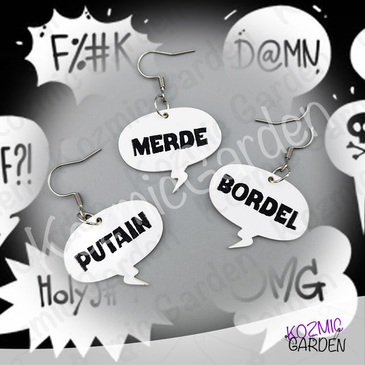 Funny French Swear Words Comic Earrings | Putain | Bordel | Merde  | Humorous Statement Jewelry