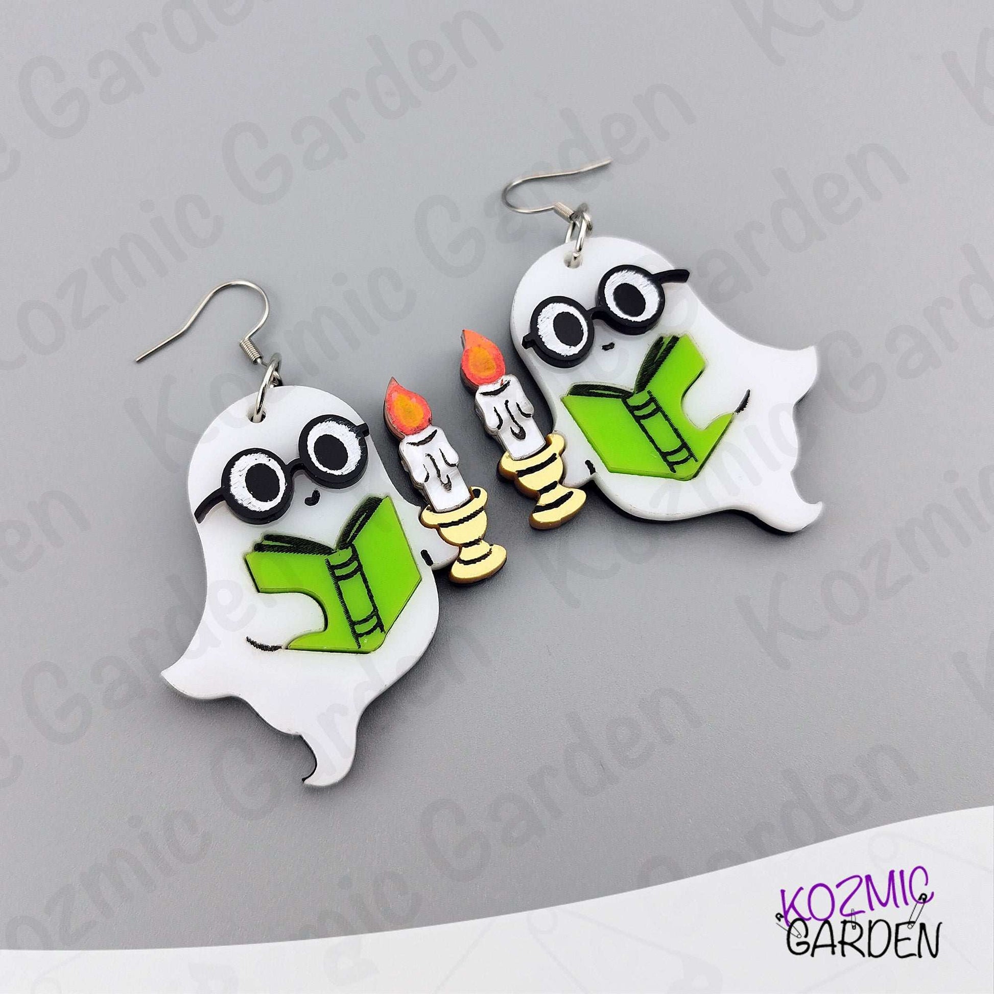 Reading Ghost Earrings – Spooky-Cute phantom Reading a Book & Holding a Candle