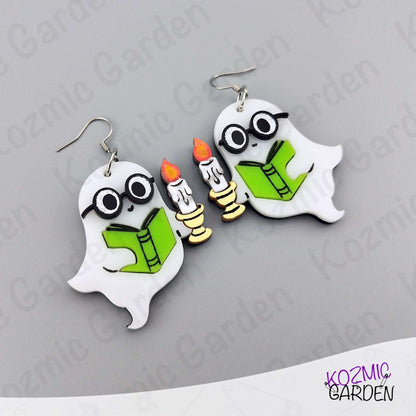 Reading Ghost Earrings – Spooky-Cute phantom Reading a Book & Holding a Candle