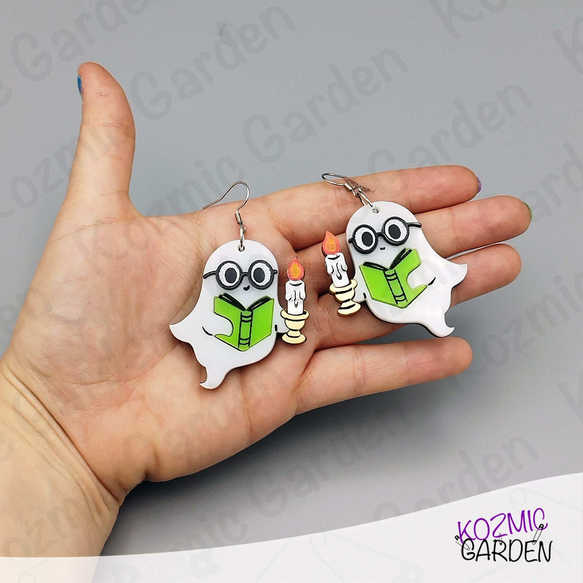 Reading Ghost Earrings – Spooky-Cute phantom Reading a Book & Holding a Candle