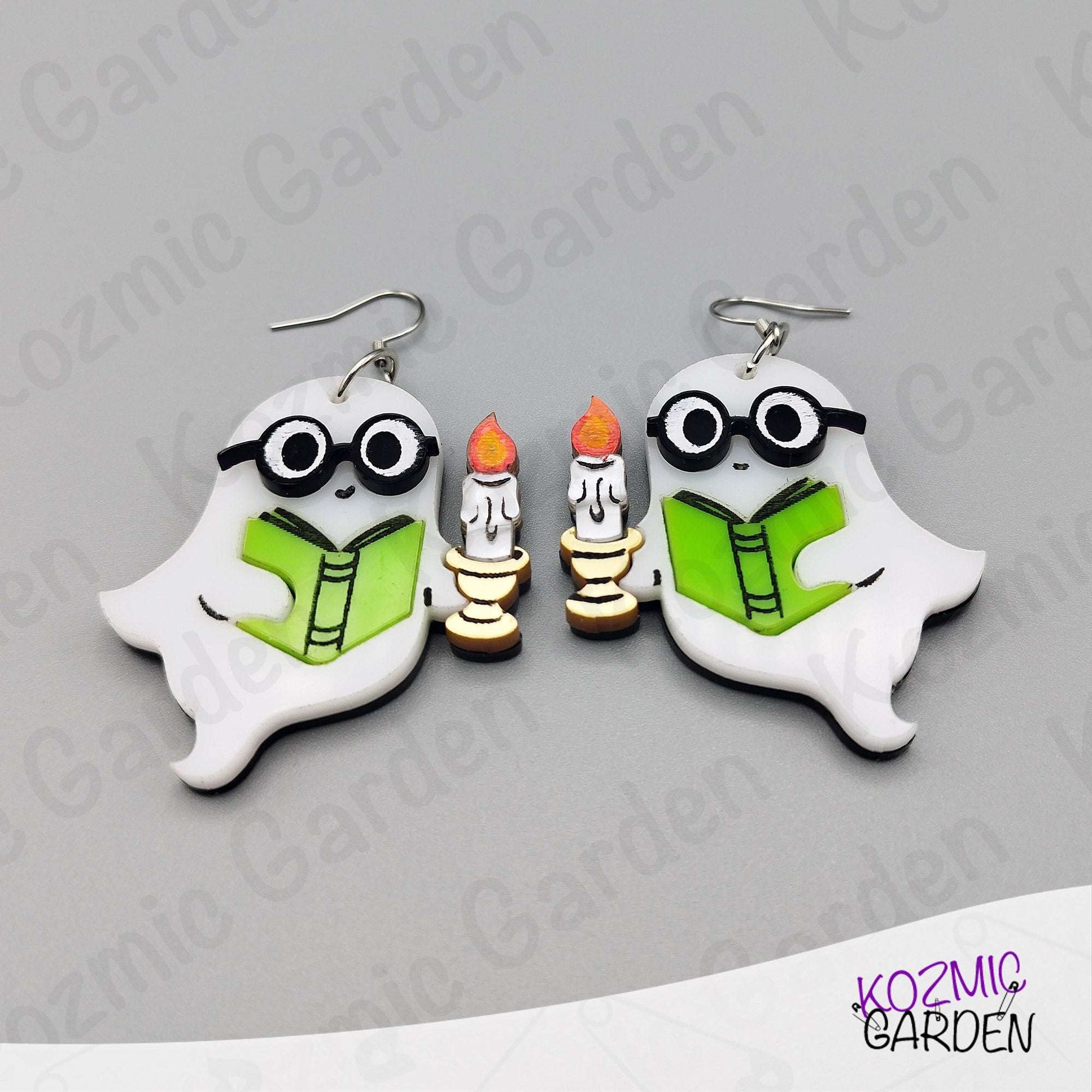 Reading Ghost Earrings – Spooky-Cute phantom Reading a Book & Holding a Candle