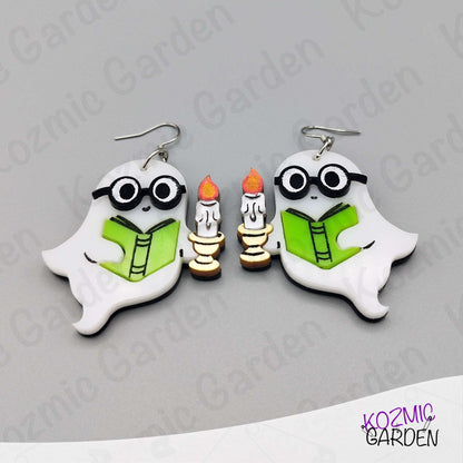 Reading Ghost Earrings – Spooky-Cute phantom Reading a Book & Holding a Candle