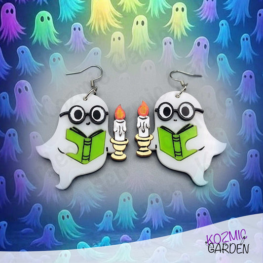 Reading Ghost Earrings – Spooky-Cute phantom Reading a Book & Holding a Candle