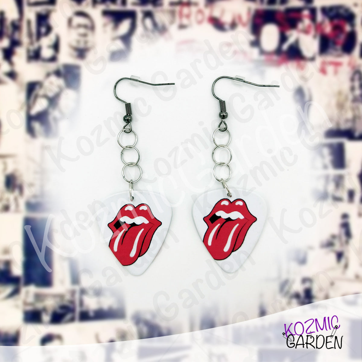 Rolling Stones Guitar Pick Tongue Earrings