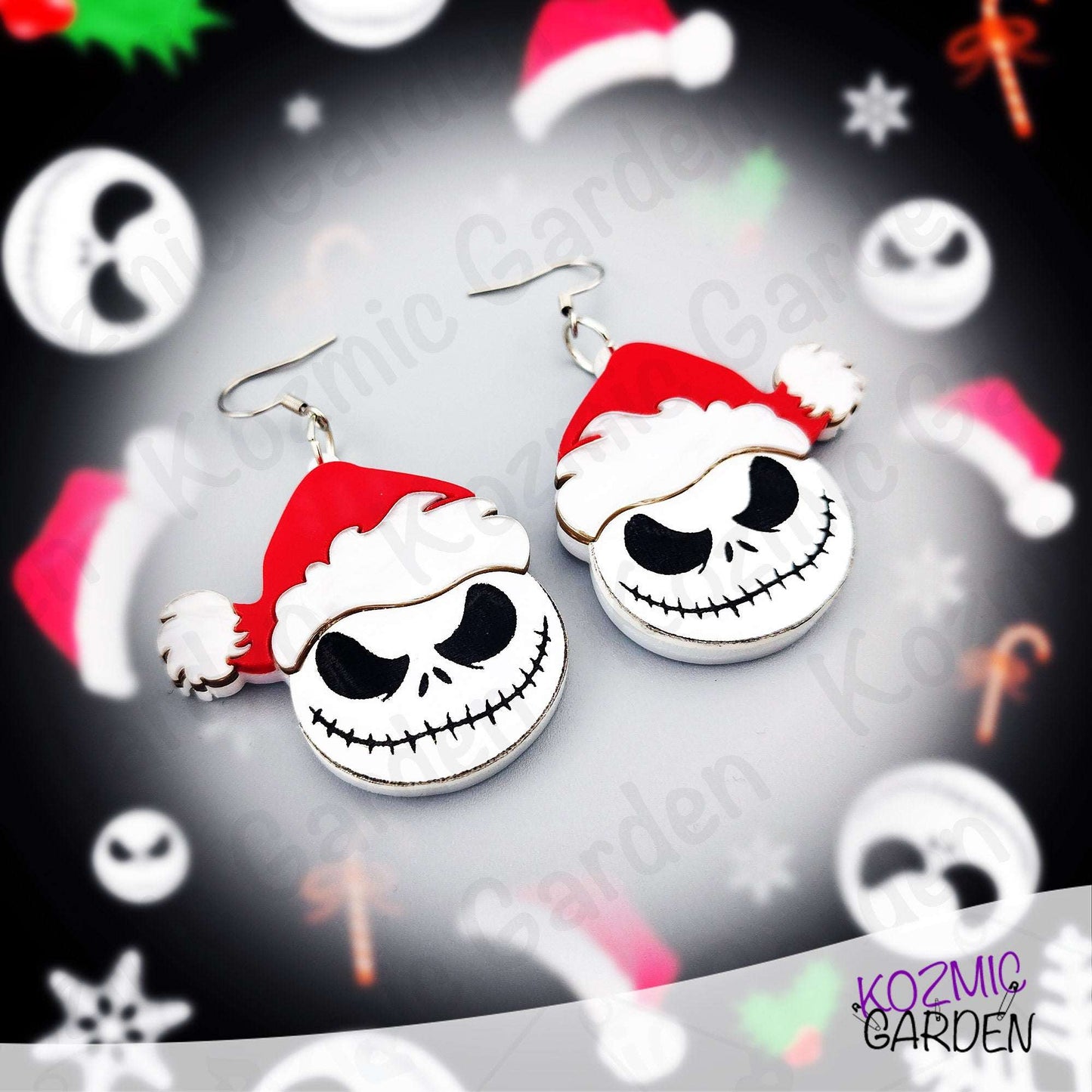 Handmade acrylic earrings featuring a Jack Skellington wearing a Santa hat, inspired by a Halloween and Christmas mashup. Festive gothic jewelry by Kozmic Garden.