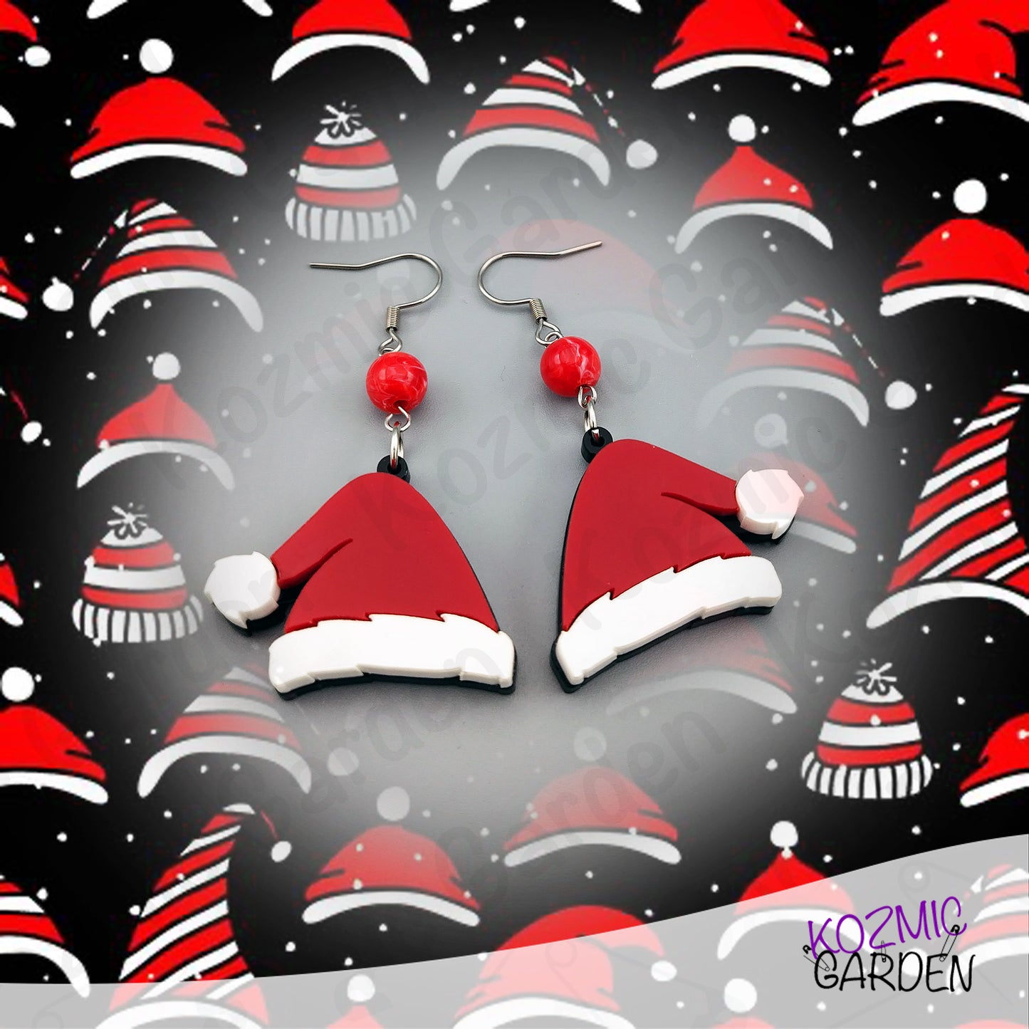 Santa hat earrings on a festive background with Christmas hats pattern