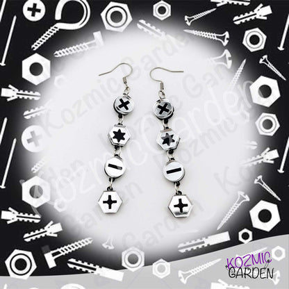 Silver Mirrored Screw Head Dangle Earrings – Laser Cut Acrylic, Industrial Chic Jewelry