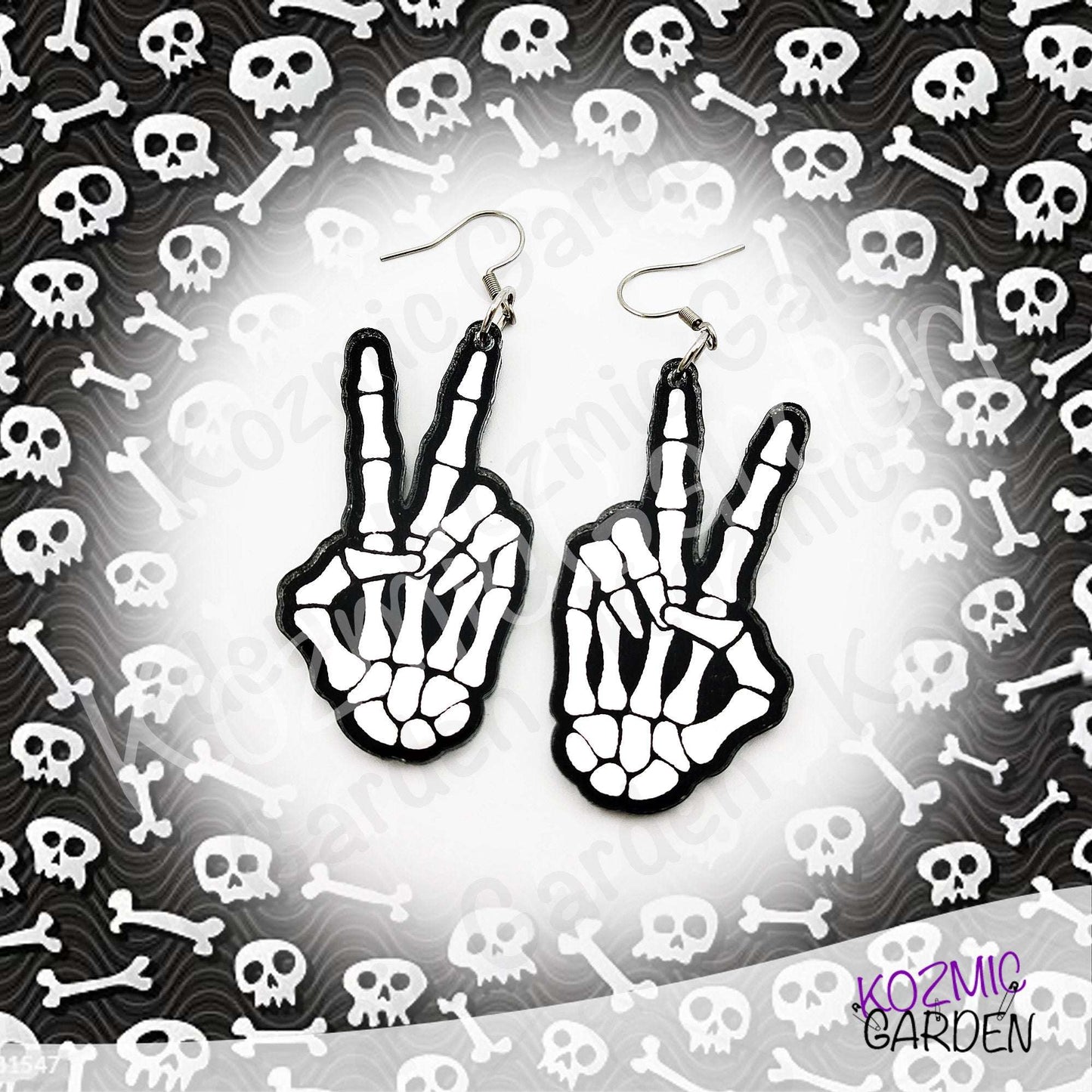 Mirror Skeleton Peace Sign Earrings | Gothic Skeleton Hand Jewelry | Spooky Halloween