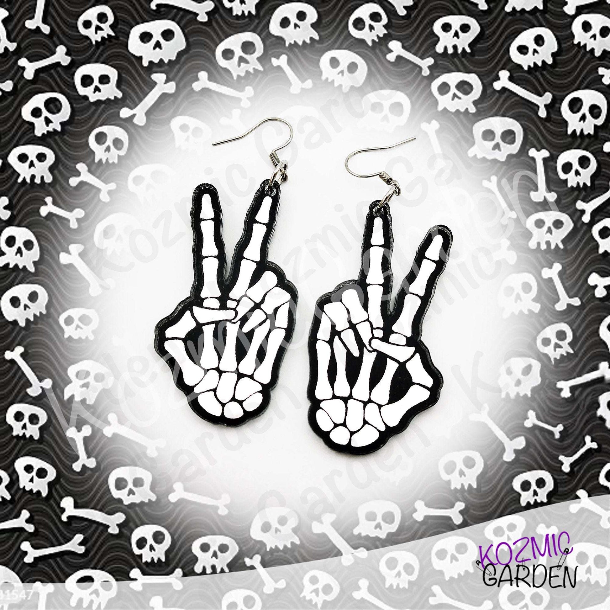 Mirror Skeleton Peace Sign Earrings | Gothic Skeleton Hand Jewelry | Spooky Halloween