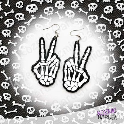 Mirror Skeleton Peace Sign Earrings | Gothic Skeleton Hand Jewelry | Spooky Halloween