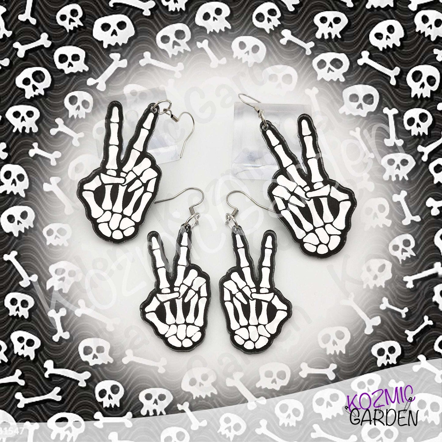 Mirror Skeleton Peace Sign Earrings | Gothic Skeleton Hand Jewelry | Spooky Halloween