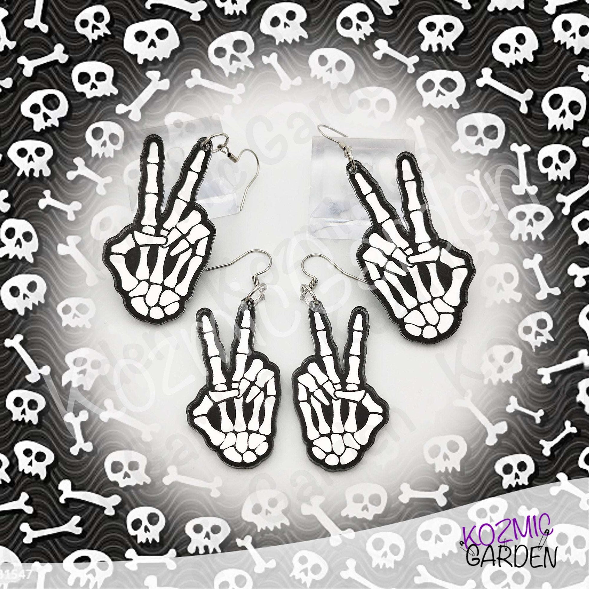 Mirror Skeleton Peace Sign Earrings | Gothic Skeleton Hand Jewelry | Spooky Halloween