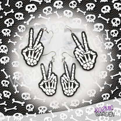 Mirror Skeleton Peace Sign Earrings | Gothic Skeleton Hand Jewelry | Spooky Halloween