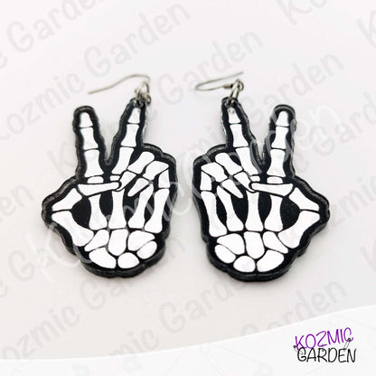 Mirror Skeleton Peace Sign Earrings | Gothic Skeleton Hand Jewelry | Spooky Halloween