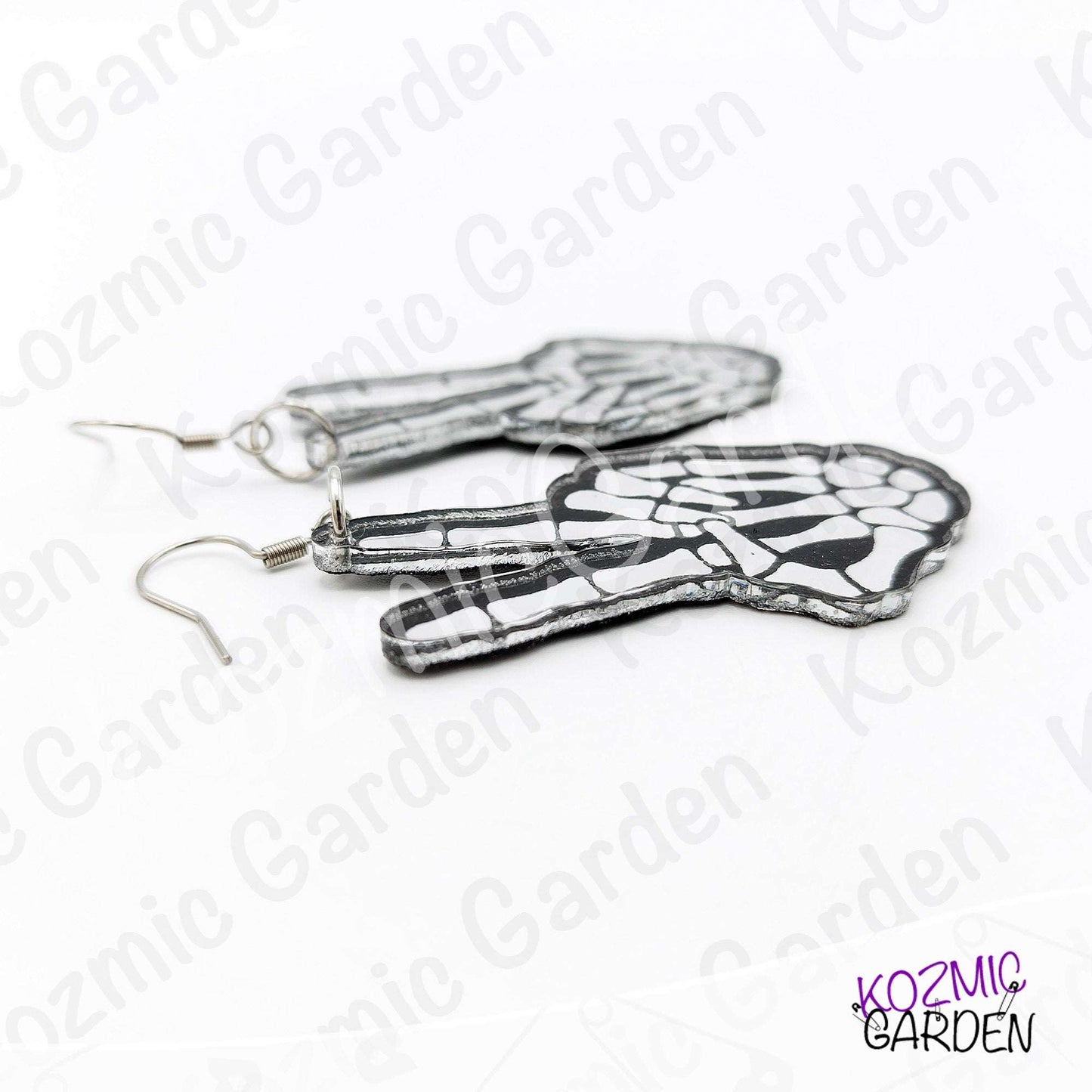 Mirror Skeleton Peace Sign Earrings | Gothic Skeleton Hand Jewelry | Spooky Halloween