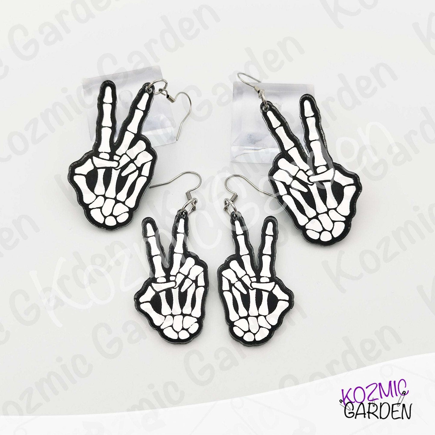 Mirror Skeleton Peace Sign Earrings | Gothic Skeleton Hand Jewelry | Spooky Halloween