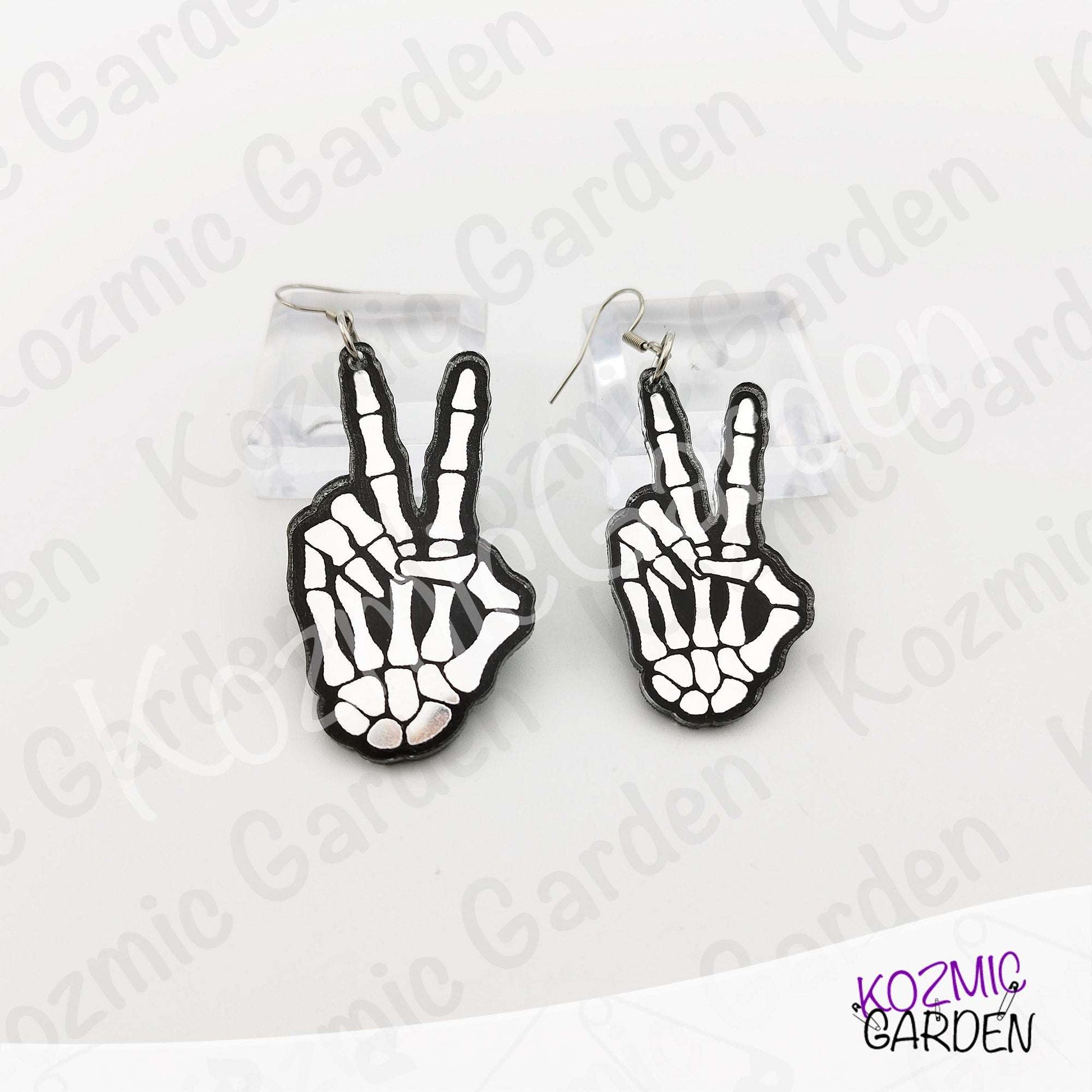 Mirror Skeleton Peace Sign Earrings | Gothic Skeleton Hand Jewelry | Spooky Halloween