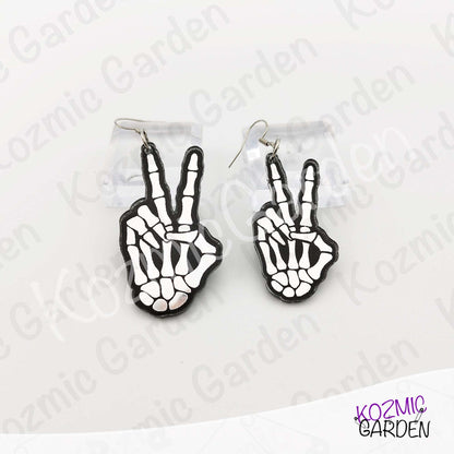 Mirror Skeleton Peace Sign Earrings | Gothic Skeleton Hand Jewelry | Spooky Halloween