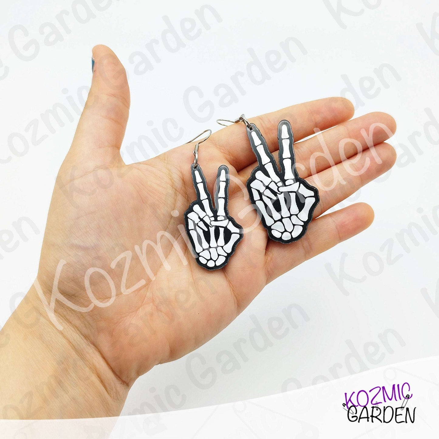 Mirror Skeleton Peace Sign Earrings | Gothic Skeleton Hand Jewelry | Spooky Halloween