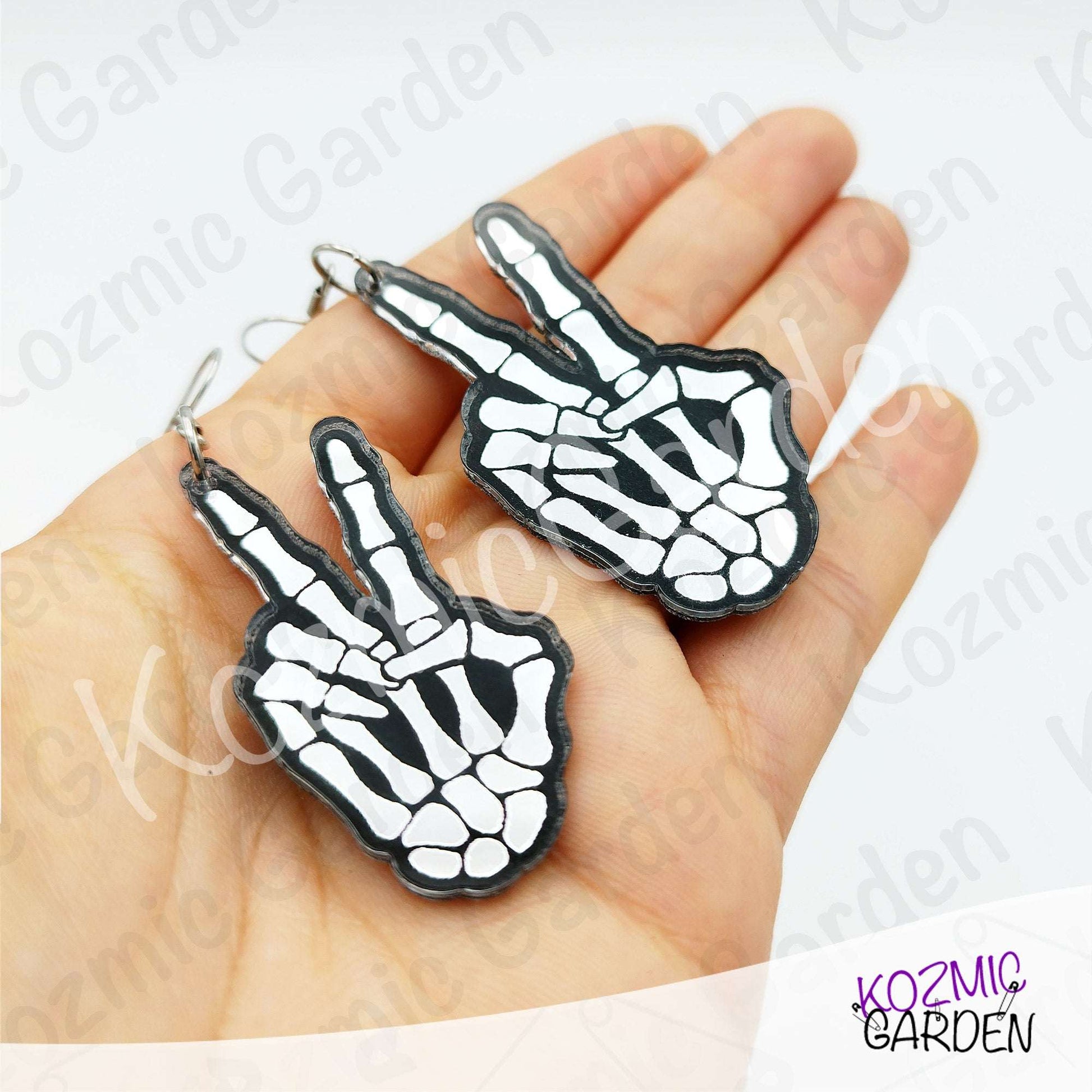 Mirror Skeleton Peace Sign Earrings | Gothic Skeleton Hand Jewelry | Spooky Halloween