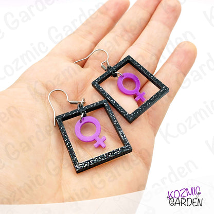 Feminist Purple Symbol Power Earrings – Loud, Proud & Sparkly