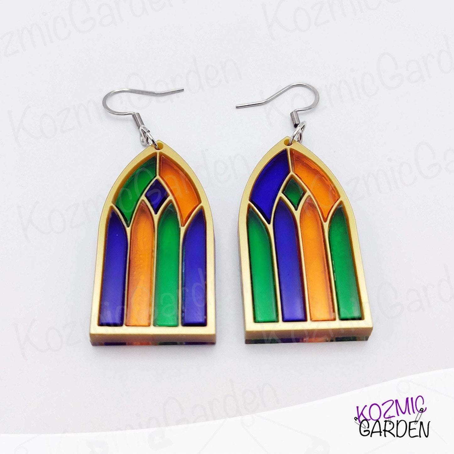 Stained Glass Gothic Window Earrings - Gold & Silver Acrylic Frames