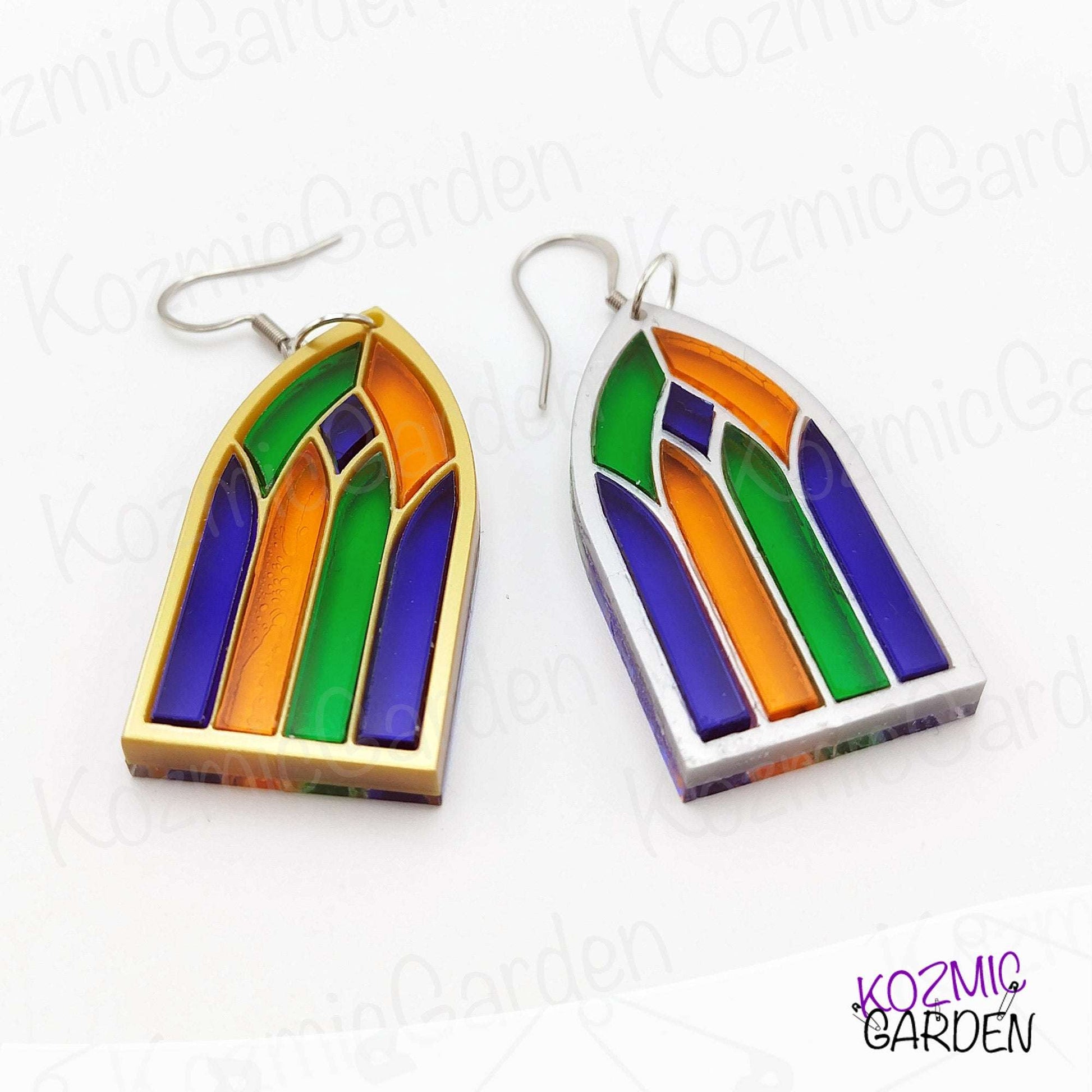 Stained Glass Gothic Window Earrings - Gold & Silver Acrylic Frames