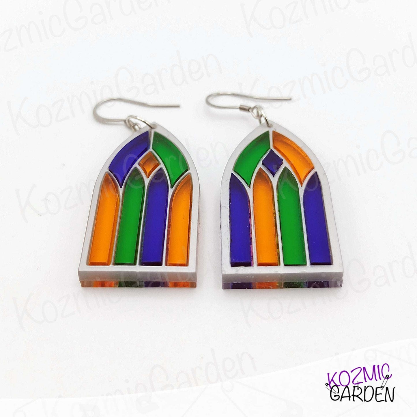 Stained Glass Gothic Window Earrings - Gold & Silver Acrylic Frames